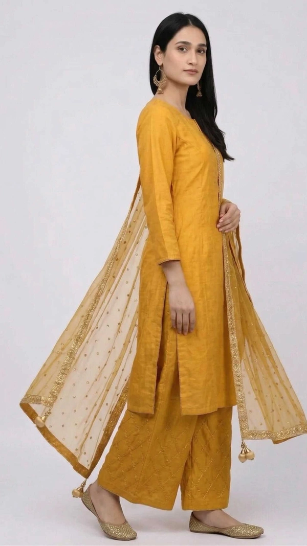 Elegant Embroidered Rayon Kurta Palazzo Set with Net Dupatta | Premium Ethnic Wear for Women - M