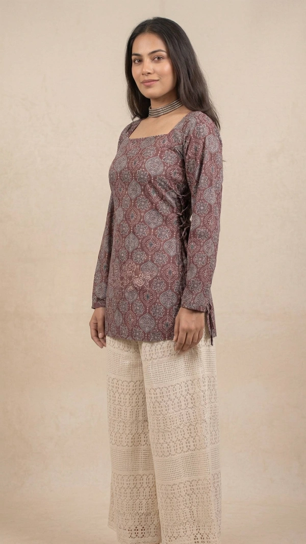 Heer Corset Style Printed Cotton Kurti for Women | Square Neck Tie-Up Short Kurti | Stylish Daily Wear Top - L