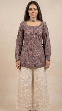 Heer Corset Style Printed Cotton Kurti for Women | Square Neck Tie-Up Short Kurti | Stylish Daily Wear Top - L
