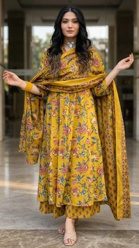 Women Mustard Floral Printed Anarkali Kurta Set with Dupatta | Ethnic Festive Wear Designer Suit - M