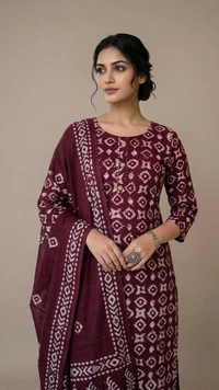 Women Maroon Printed Kurta Pant Set with Dupatta | Cotton Ethnic Daily Wear Suit - XL