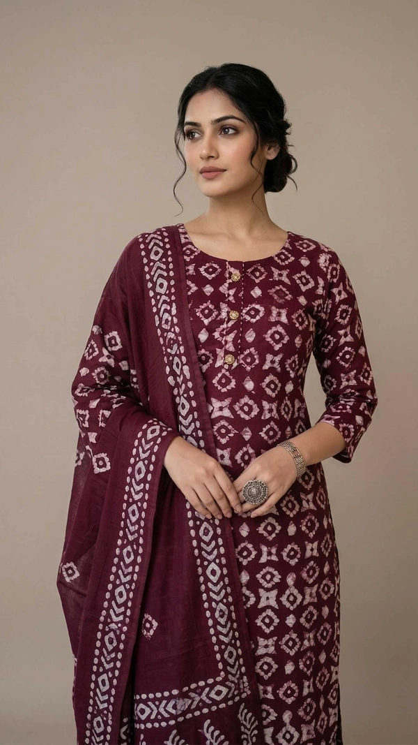 Women Maroon Printed Kurta Pant Set with Dupatta | Cotton Ethnic Daily Wear Suit - XL