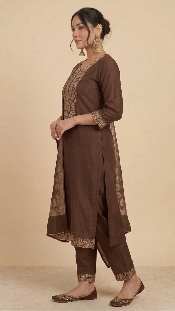 Women Brown Art Silk Embroidered Kurta Pant Set with Dupatta | Elegant Ethnic Festive Wear Suit - L
