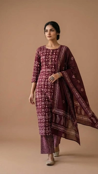 Women Maroon Printed Kurta Pant Set with Dupatta | Cotton Ethnic Daily Wear Suit - XL