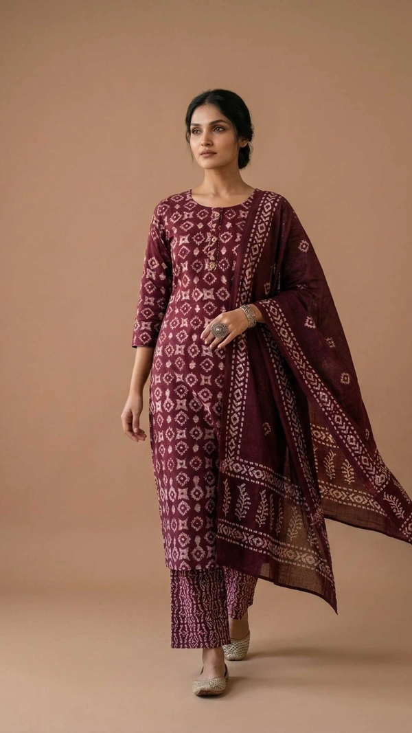 Women Maroon Printed Kurta Pant Set with Dupatta | Cotton Ethnic Daily Wear Suit - XL