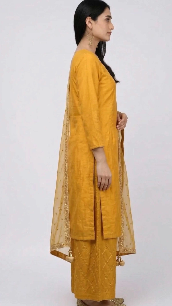 Elegant Embroidered Rayon Kurta Palazzo Set with Net Dupatta | Premium Ethnic Wear for Women - M