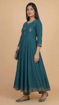 Women Teal Flared Anarkali Kurti | Cotton Blend Printed Long Kurta | Stylish Daily & Party Wear Dress - M