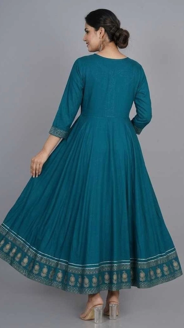 Women Teal Flared Anarkali Kurti | Cotton Blend Printed Long Kurta | Stylish Daily & Party Wear Dress - M