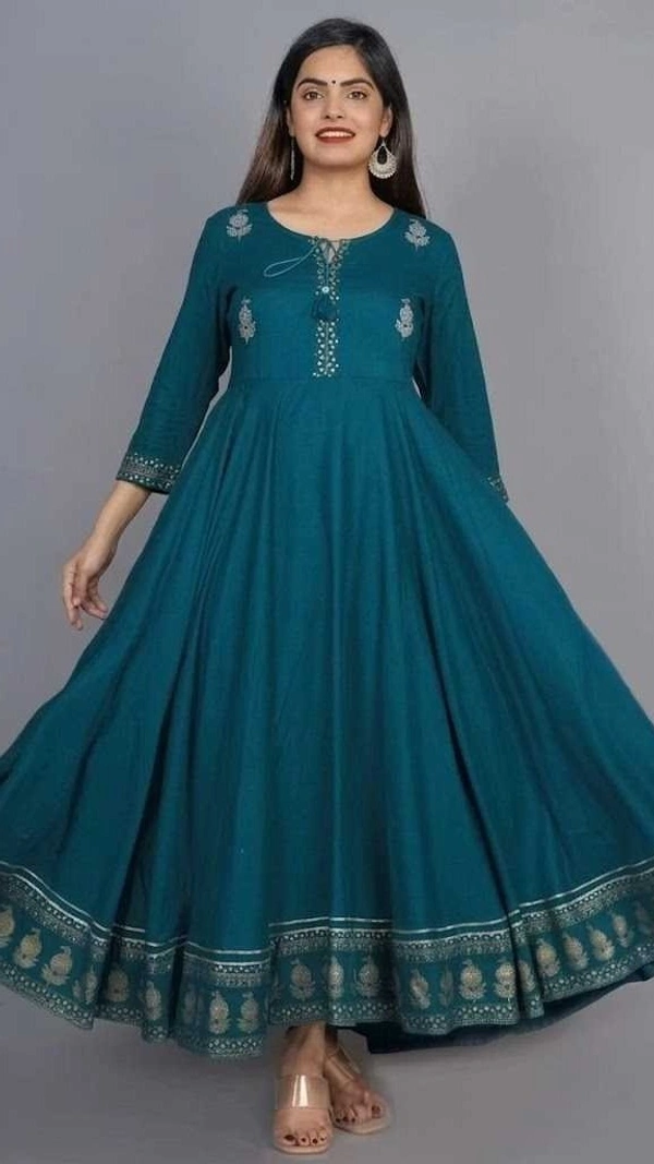 Women Teal Flared Anarkali Kurti | Cotton Blend Printed Long Kurta | Stylish Daily & Party Wear Dress - M