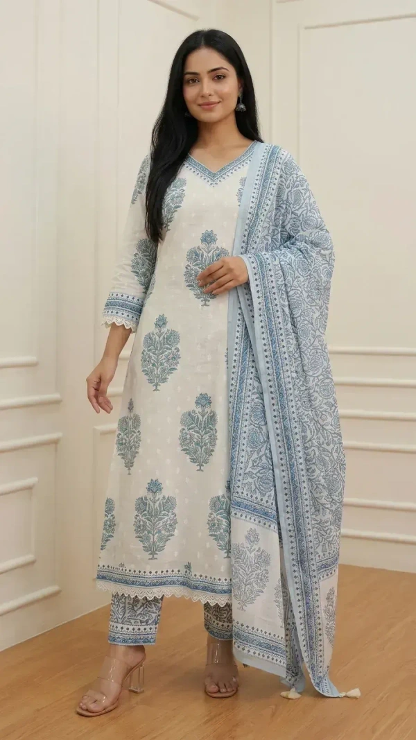 Elegant White & Blue Printed Cotton Kurta Set with Dupatta | Ethnic Wear for Woman
