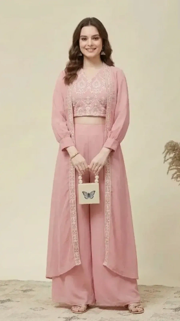  Elegant Pink Embroidered 3-Piece Ethnic Set for Women | Crop Top, Palazzo & Shru