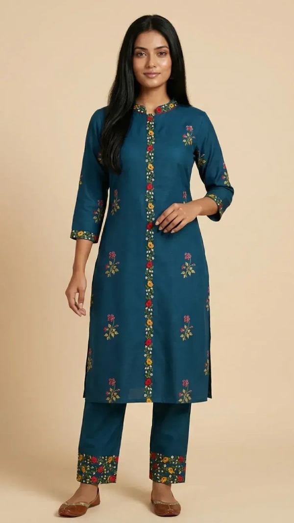 Stylish Teal Blue Floral Embroidered Kurta Set for Women | Elegant Ethnic Wear