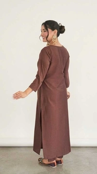 Women Brown Art Silk Embroidered Kurta Pant Set with Dupatta | Elegant Ethnic Festive Wear Suit - L