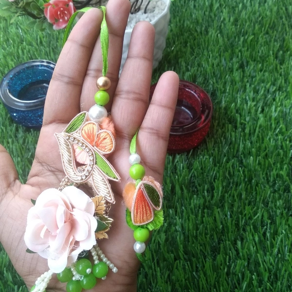 Pink Flower & Booti Pair Rakhi Green Base( Big Size) 