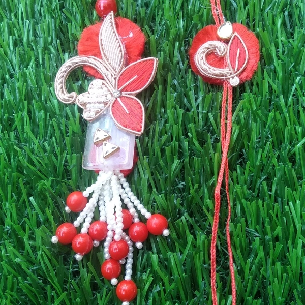 Red Bright Pair Rakhi with booti and beads( Big Size) 