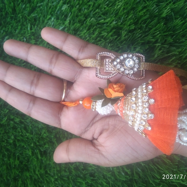 Cute golden orange pair heavy moti work
