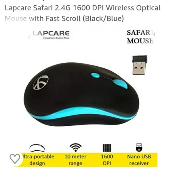Lapcare Safari 2.4G 1600 DPI Wireless Optical Mouse with Fast Scroll (Black/Blue)