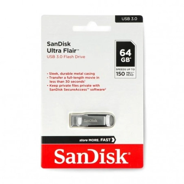 SanDisk Ultra Flair 64gb 3.0 Metal Pendrive - Silver and Black