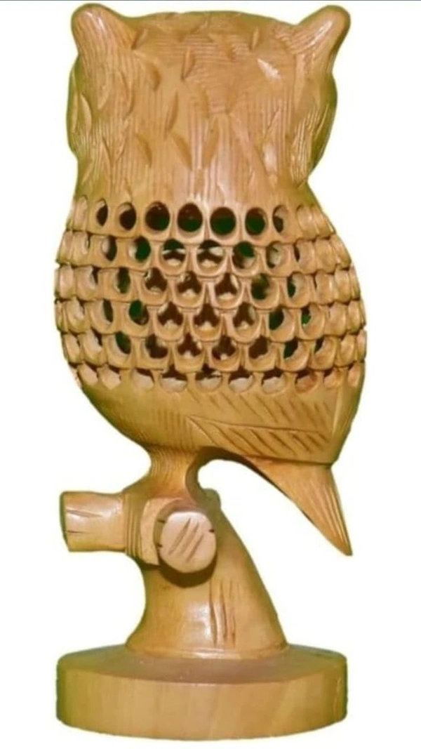 Decorative Wooden Owl Figurine, Hand Carved, Golden Brown,3D Design Handicrafts Statue for Home - Medium