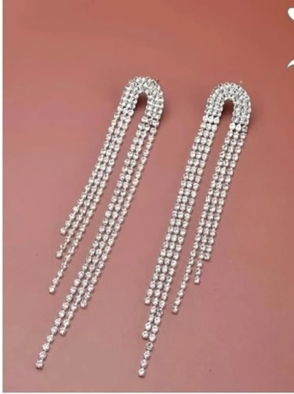 American Diamond Stone Silver Long Chain Earrings For Wedding Party For Women Crystal Alloy Drops & Danglers - free size, silver