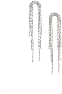 American Diamond Stone Silver Long Chain Earrings For Wedding Party For Women Crystal Alloy Drops & Danglers - free size, silver