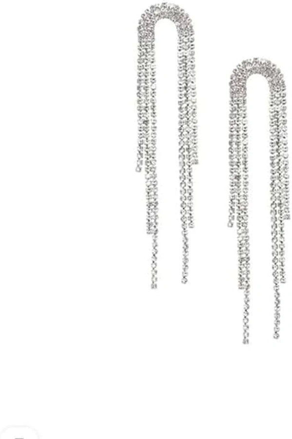 American Diamond Stone Silver Long Chain Earrings For Wedding Party For Women Crystal Alloy Drops & Danglers - free size, silver