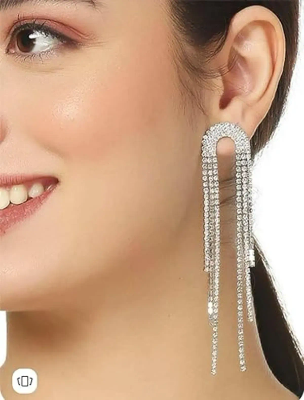 American Diamond Stone Silver Long Chain Earrings For Wedding Party For Women Crystal Alloy Drops & Danglers - free size, silver