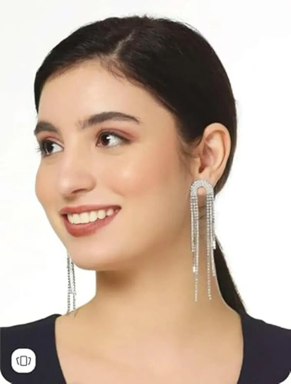 American Diamond Stone Silver Long Chain Earrings For Wedding Party For Women Crystal Alloy Drops & Danglers - free size, silver