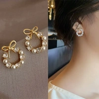 Crystal Pearl Earing Stud For Women And Girls - free size, white & golden