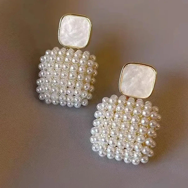 Korean Geometric Square White Pearl Earring Gold For Women And Girls - free size, white