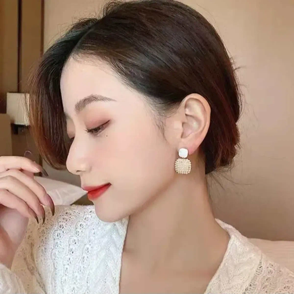 Korean Geometric Square White Pearl Earring Gold For Women And Girls - free size, white