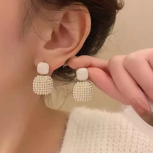 Korean Geometric Square White Pearl Earring Gold For Women And Girls - free size, white