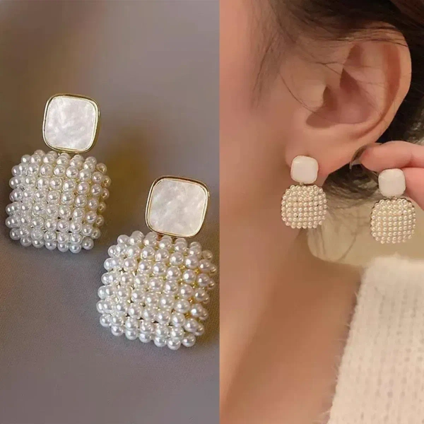 Korean Geometric Square White Pearl Earring Gold For Women And Girls - free size, white