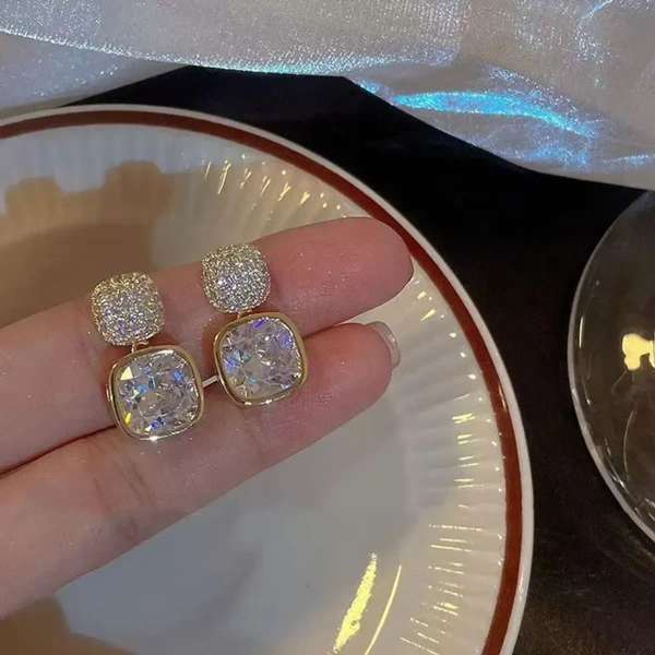 Korean Luxury Classic Geometric White Crystal Square Earring..More - free size, white