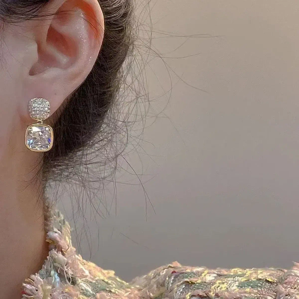 Korean Luxury Classic Geometric White Crystal Square Earring..More - free size, white