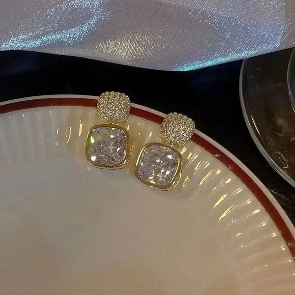 Korean Luxury Classic Geometric White Crystal Square Earring..More - free size, white