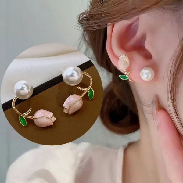 Korean Pink Rose Stud Earrings Stainless Steel Stud Gold Earring For Women And Girls - free size, pink