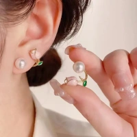 Korean Pink Rose Stud Earrings Stainless Steel Stud Gold Earring For Women And Girls - free size, pink