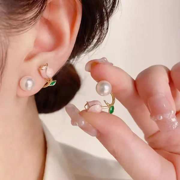 Korean Pink Rose Stud Earrings Stainless Steel Stud Gold Earring For Women And Girls - free size, pink