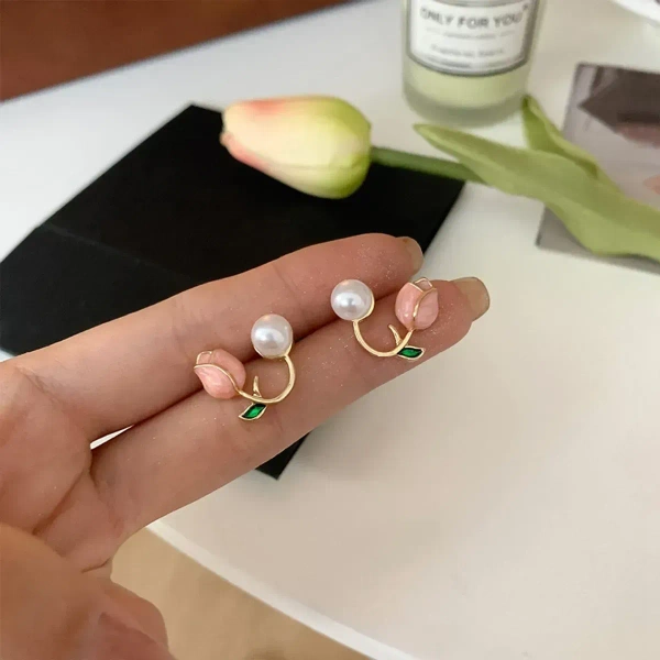 Korean Pink Rose Stud Earrings Stainless Steel Stud Gold Earring For Women And Girls - free size, pink