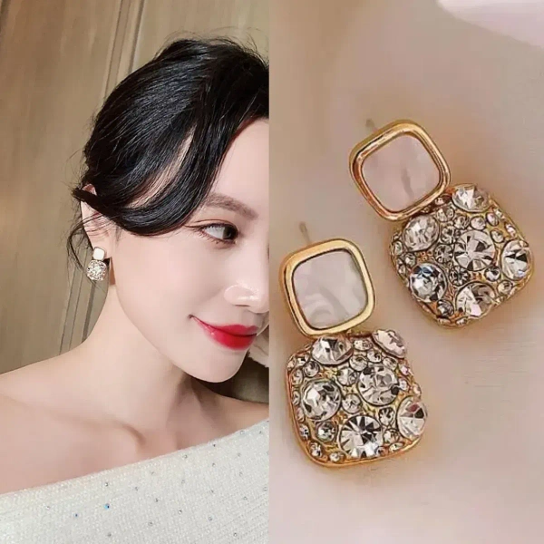 Korean Rhinestone Decor Drop Earrings Gold - mix