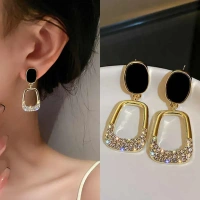Korean Women's CZ Geometric Square Dangle Drop Earrings, Fashion Jewelry Gifts - free size, golden