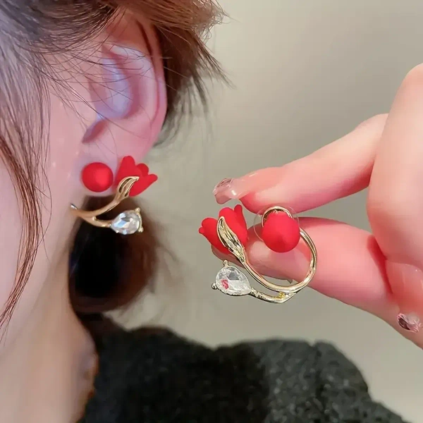 Red Flower Faux Pearl Earrings New Year Earrings For Women Party Favors For Women And Girls Less - free size, red