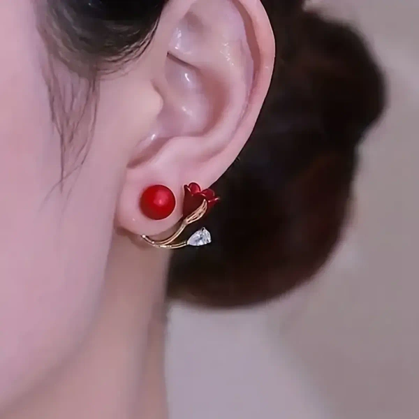 Red Flower Faux Pearl Earrings New Year Earrings For Women Party Favors For Women And Girls Less - free size, red