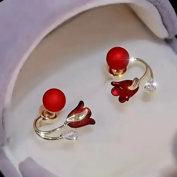 Red Flower Faux Pearl Earrings New Year Earrings For Women Party Favors For Women And Girls Less - free size, red