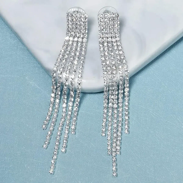 Shimmering Crystal Rhinestone Tassel Earrings For Glam Night Look - free size, silver