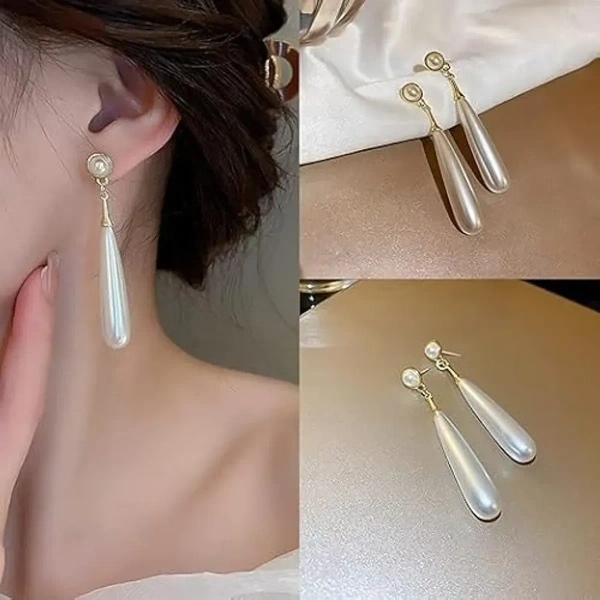 Water Drop Pearl Long Dangle Earrings For Women Non Piercing Ear Clip And Pierced Stud Earrings Less - free size, white