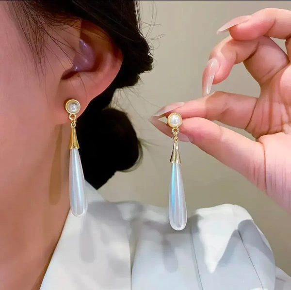 Water Drop Pearl Long Dangle Earrings For Women Non Piercing Ear Clip And Pierced Stud Earrings Less - free size, white