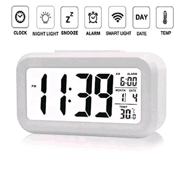 Free Delivery  Smart Digital Desk Alarm Clock Battery Operated Temprature Meter - Free Size, White