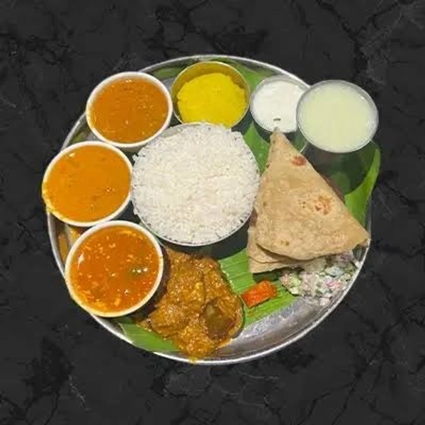 Happy meals - White rice-250 g,colour rice-100 g,dal-50 g,sambar-100 g,rasam-50 g,veg chutney -25 g,chapathi+1,veg curry -90 g,curds-50 g,sondige.